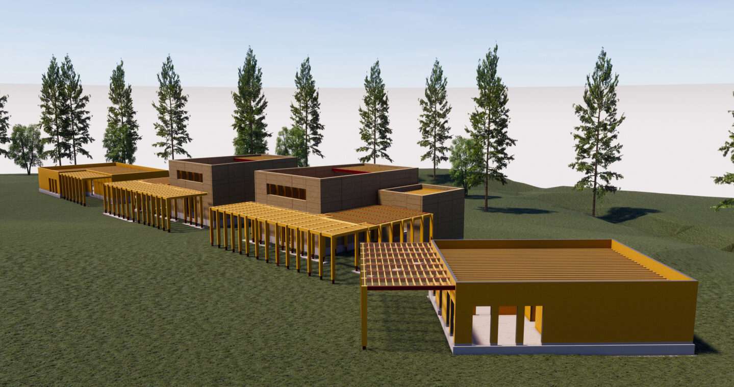Revit model showing prayer hall and service buildings
