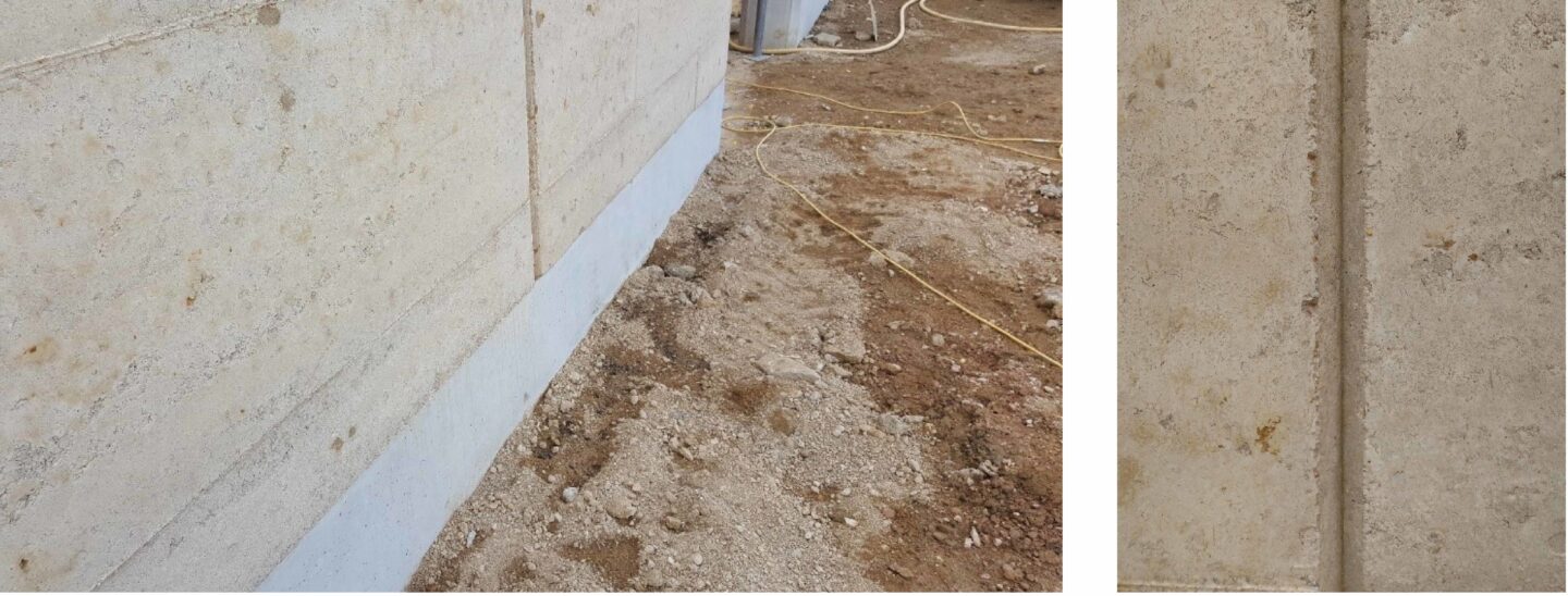 Left - ﻿Concrete plinth protects wall within 'splash zone'.        Right - ﻿Movement joint between panels.
